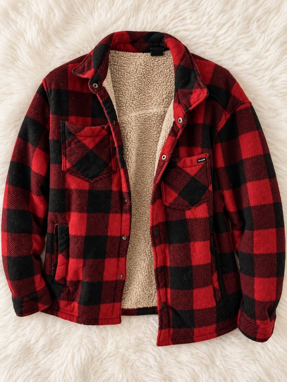 Hurley Red & Black Plaid Sherpa-Lined Shirt Jacket